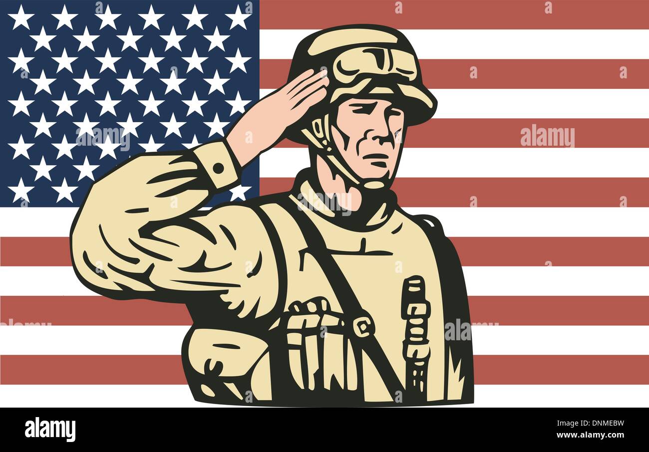 illustration of an American soldier serviceman saluting with stars and ...