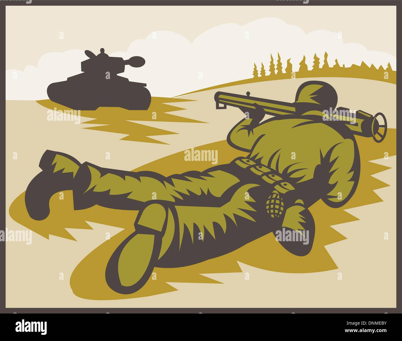 illustration of a World two soldier aiming bazooka at battle tank. Stock Vector