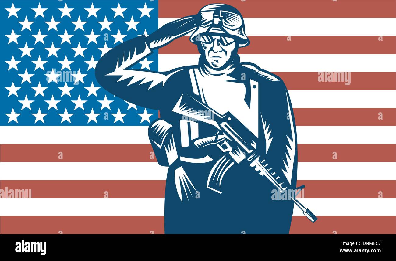 illustration of a US military serviceman saluting flag in the back ...