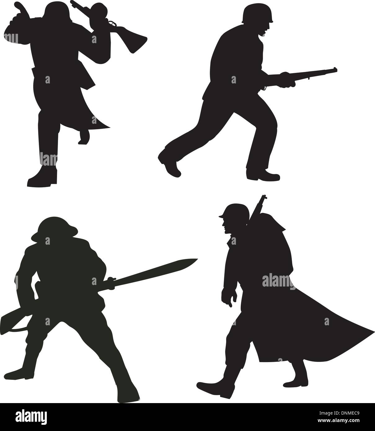 illustration of a silhouette of a soldier attacking with bayonet rifle,marching  on white background Stock Vector