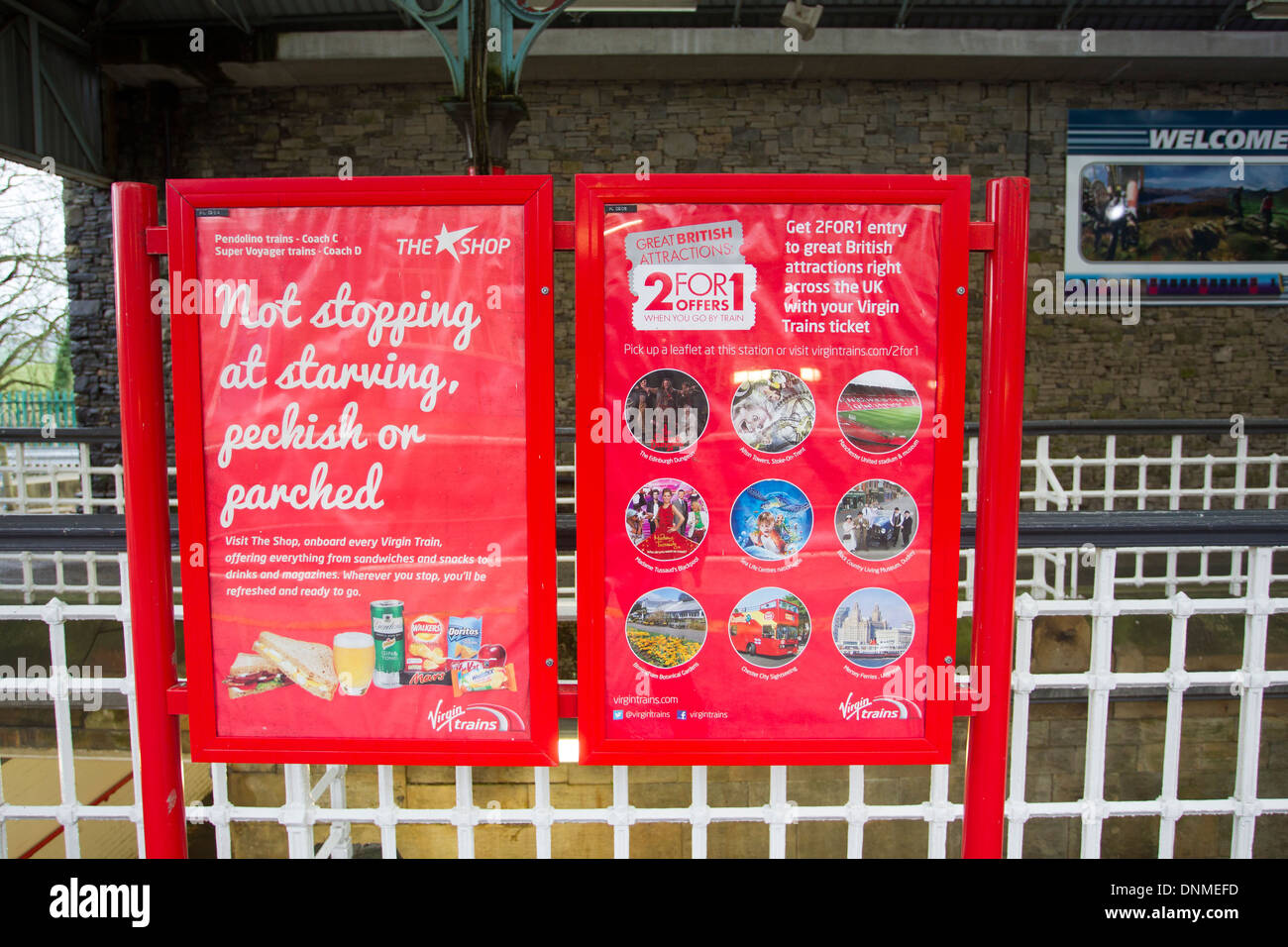 Virgin Trains snack & drink poster also 2 for 1 offers on attractions Stock Photo
