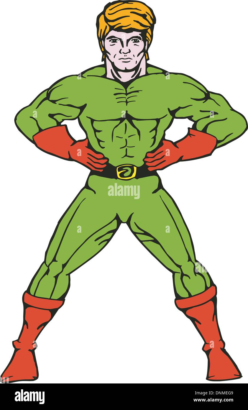 The Hero Is Standing In My Way illustration of a cartoon super hero standing hands on hips isolated on