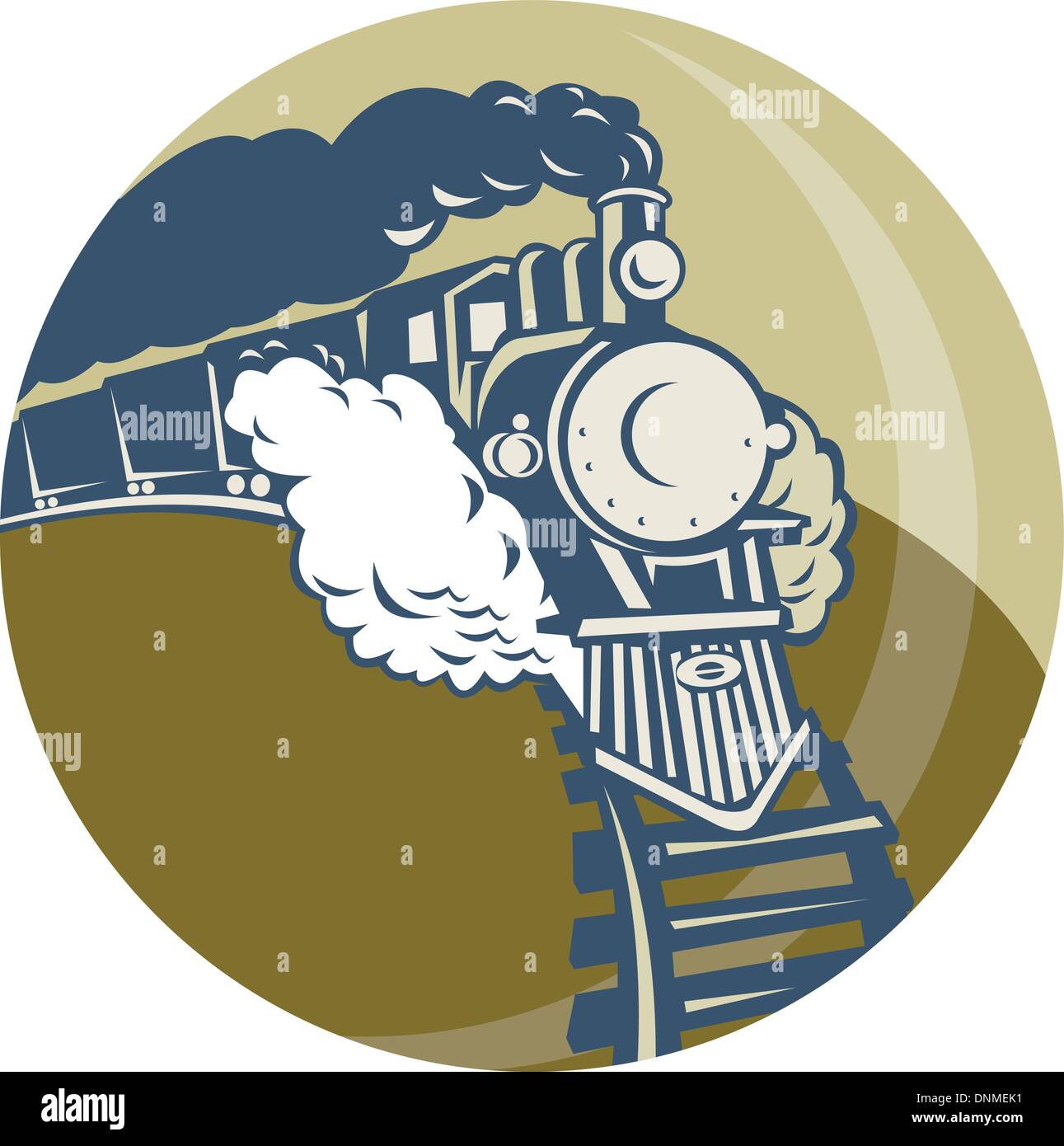 illustration of a Steam train or locomotive coming up set inside a circle Stock Vector