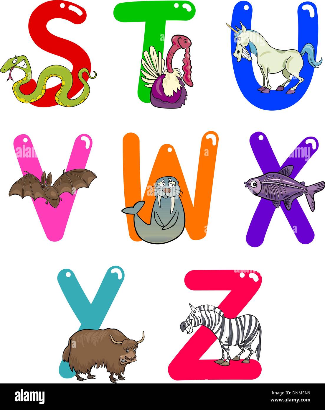 Cartoon Colorful Alphabet Set with Funny Animals Stock Vector