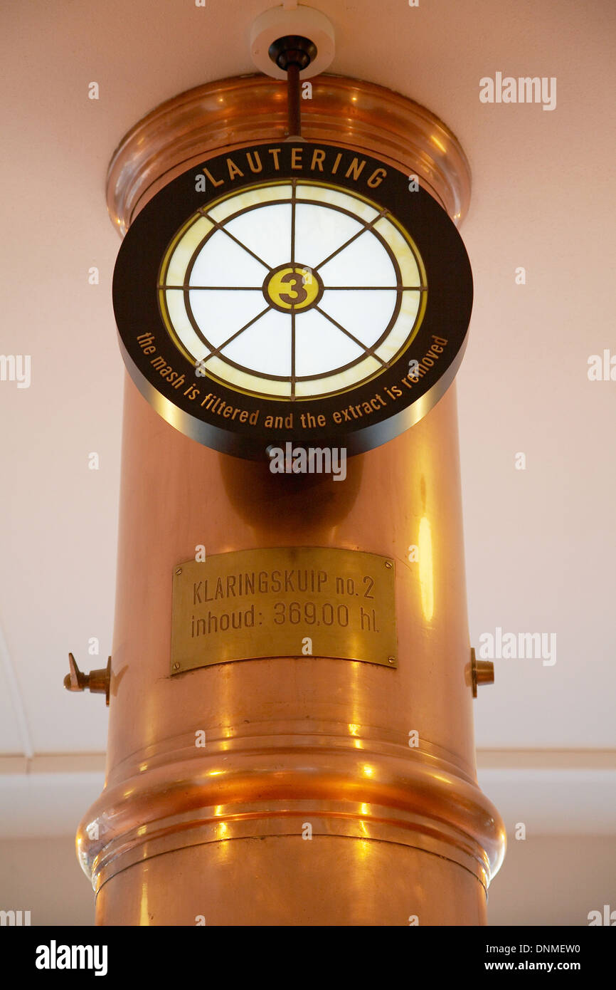 Gauge on one of the brewing tanks at the Heineken brewery museum in Amsterdam, Holland. Stock Photo