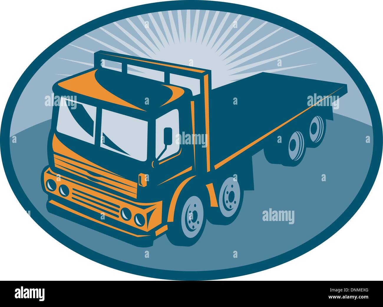 illustration of a Flatbed truck viewed from a high angle set inside an ellipse Stock Vector