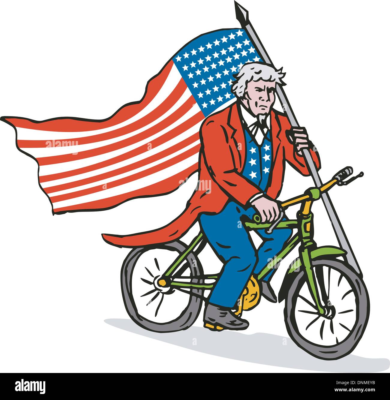 Illustration of Uncle Sam stars and stripes riding a bicycle holding American flag viewed from side set on white background done in retro style. Stock Vector