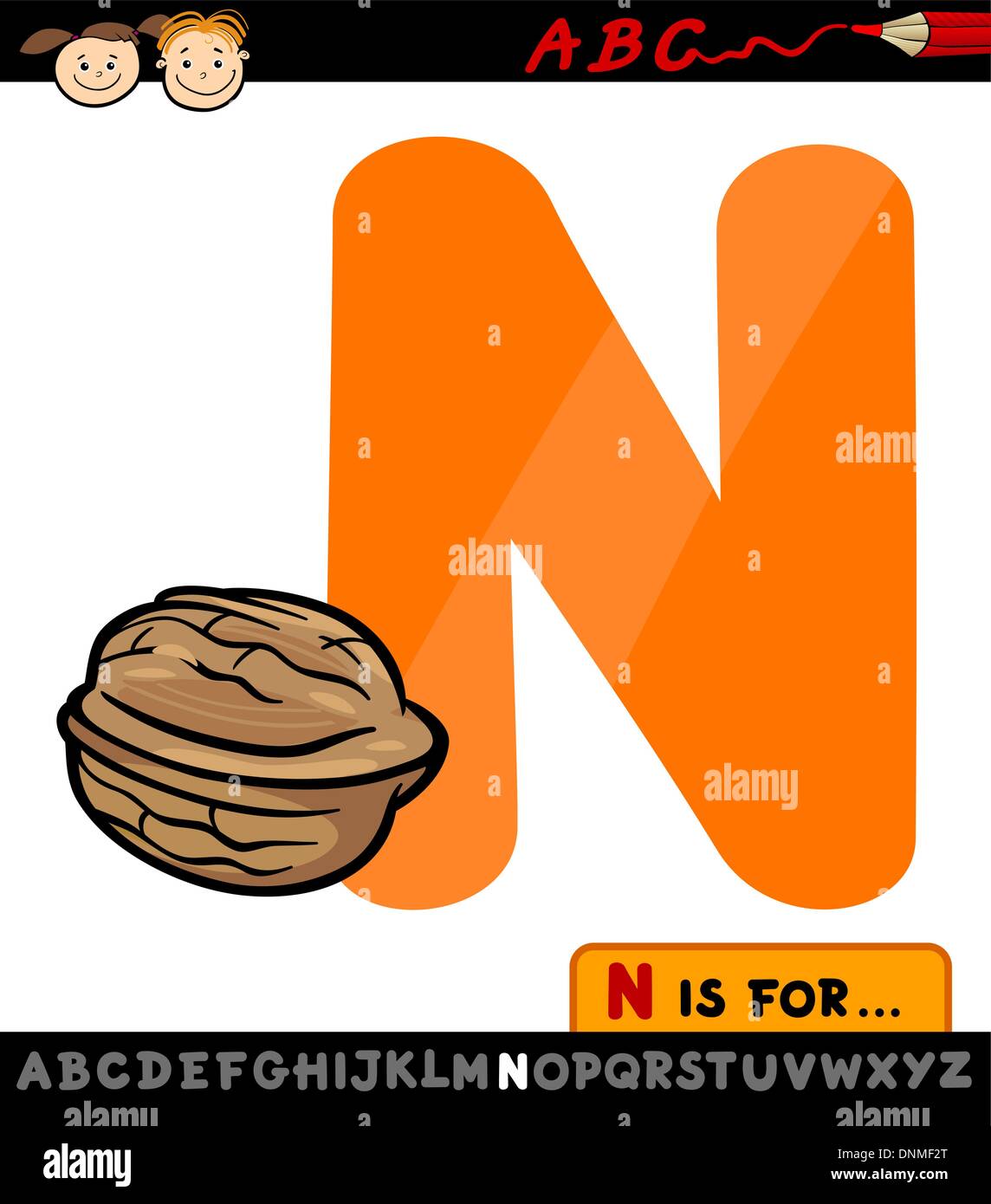 Cartoon Illustration of Capital Letter N from Alphabet with Nut for Children Education Stock Vector