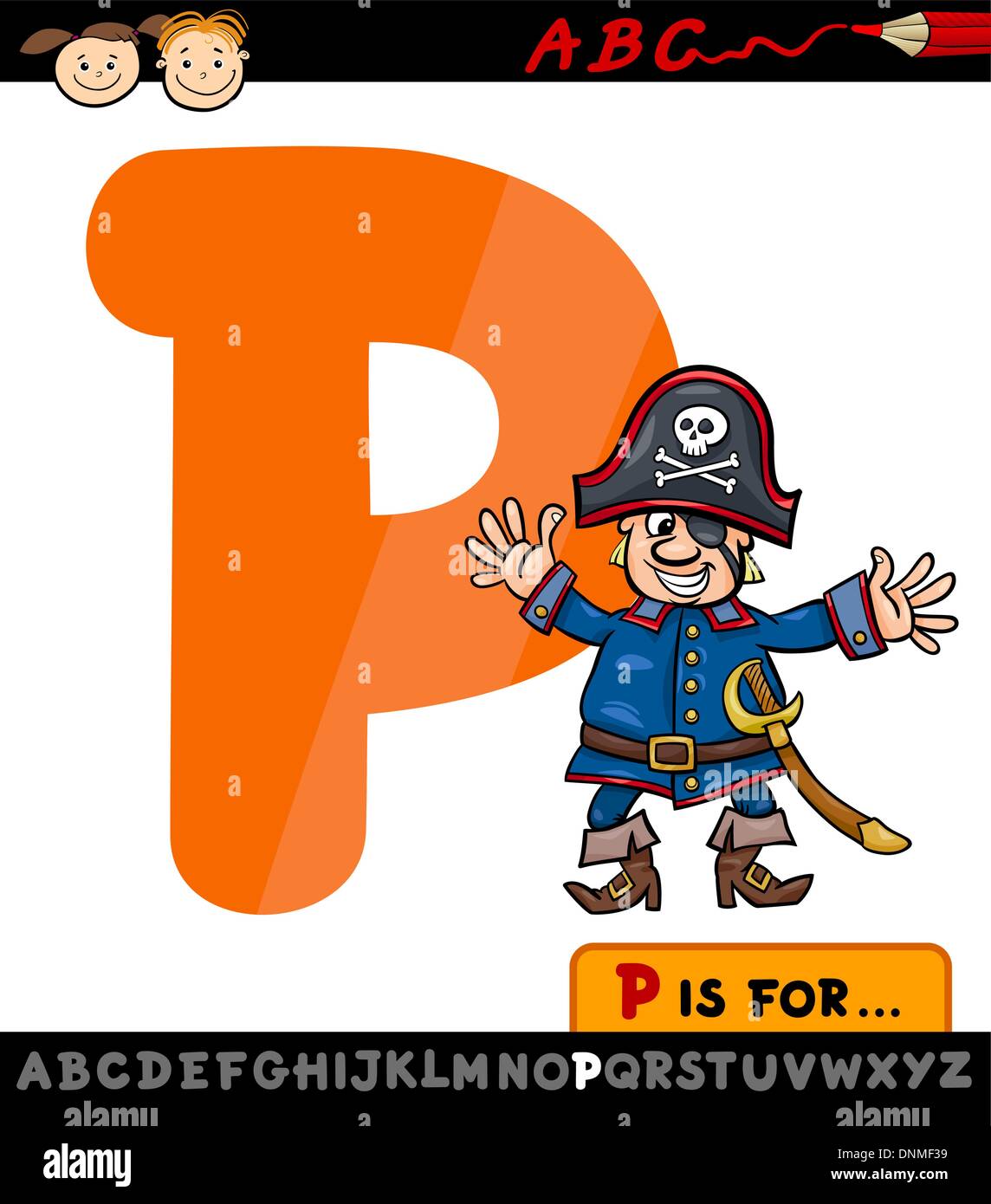 Cartoon Illustration of Capital Letter P from Alphabet with Pirate for Children Education Stock Vector
