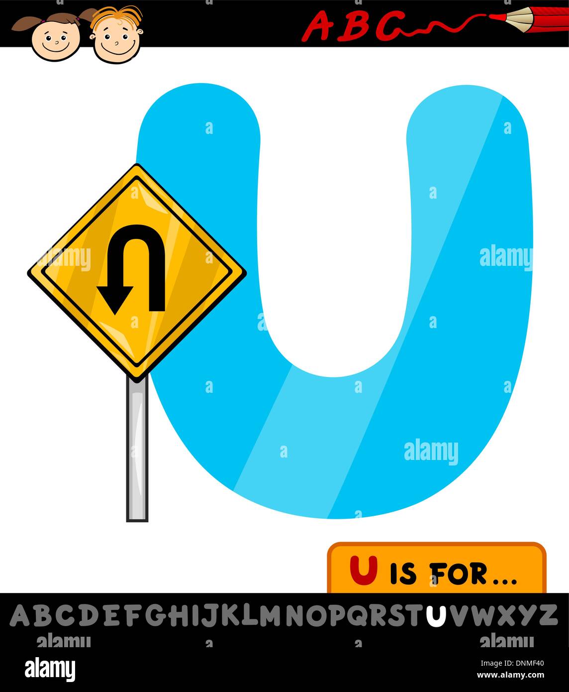 Cartoon Illustration of Capital Letter U from Alphabet with U Turn Sign Cartoon Illustration of Capital Letter U from Alphabet with U Turn Sign