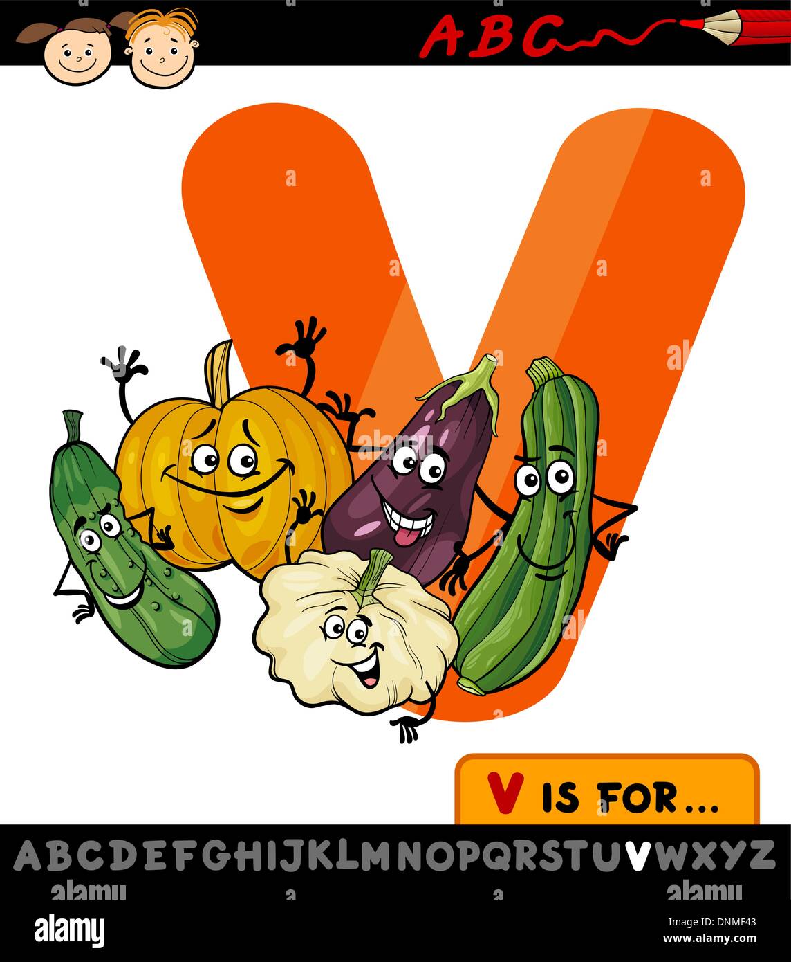 Cartoon Illustration of Capital Letter V from Alphabet with Vegetables