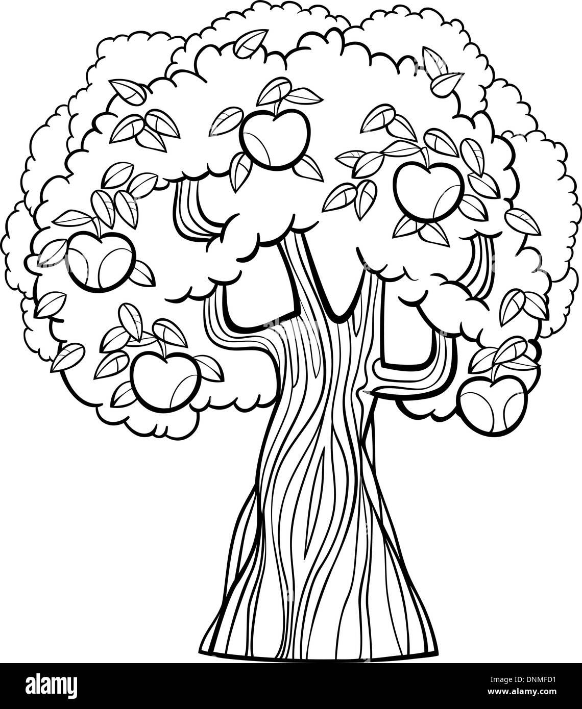 Black and White Cartoon Illustration of Apple Tree with Apples for Coloring Book Stock Vector