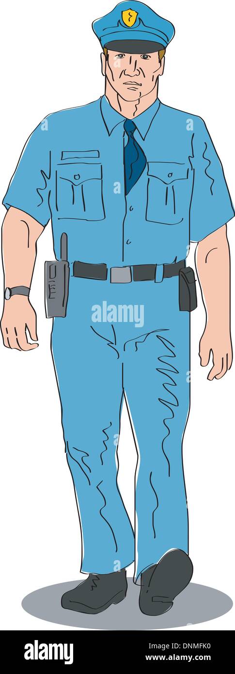 Illustration of a policeman police officer walking front view isolated on white background done in retro style. Stock Vector