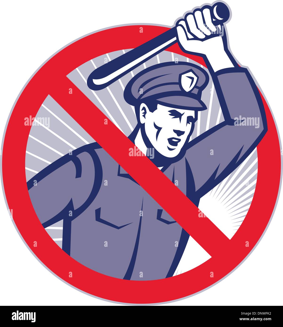 Illustration of a police officer wielding a truncheon nightstick baton set inside sign that means stop police brutality. Stock Vector