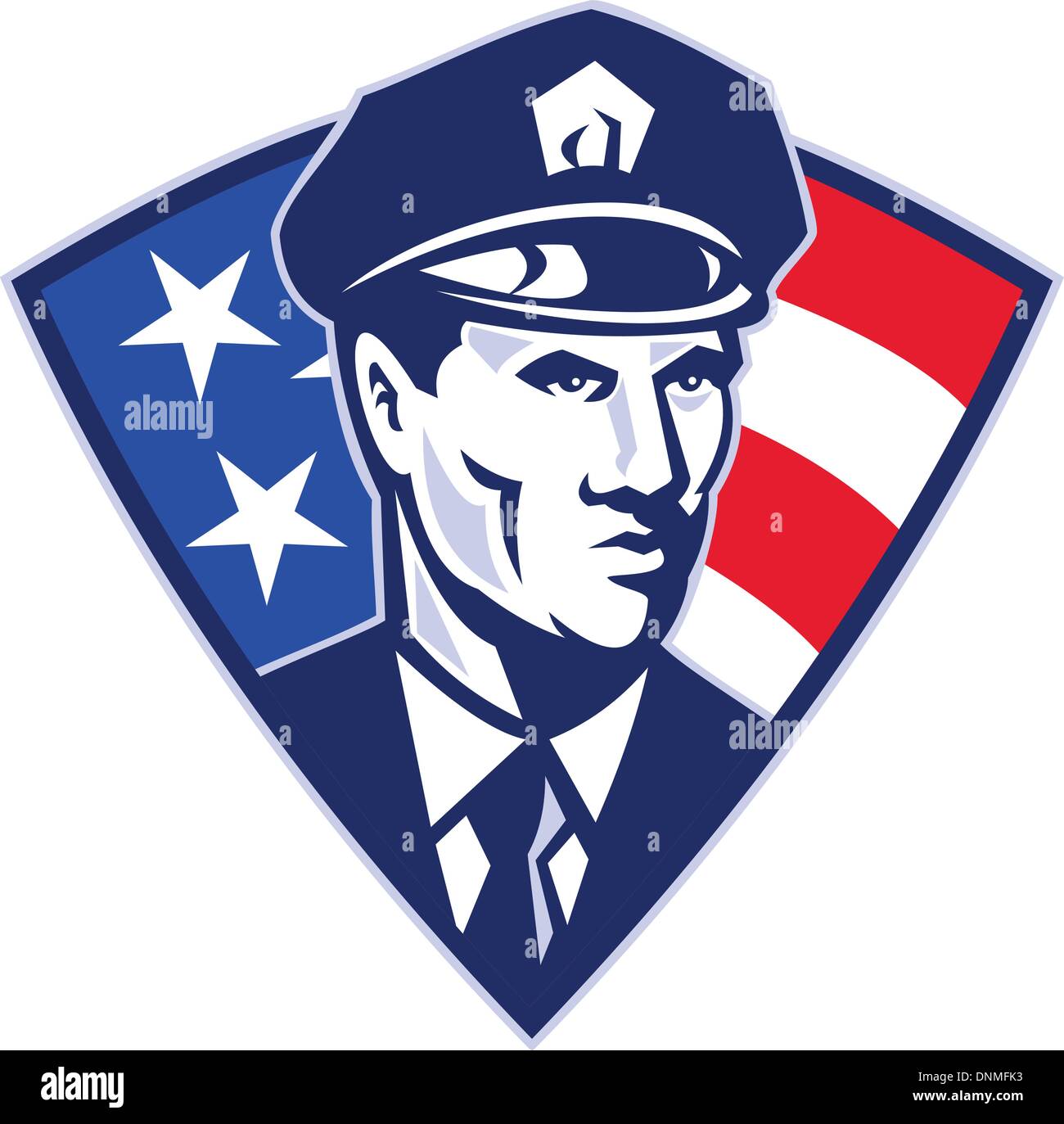 illustration of an American policeman police officer security guard with stars and stripes flag set inside shield done in retro Stock Vector