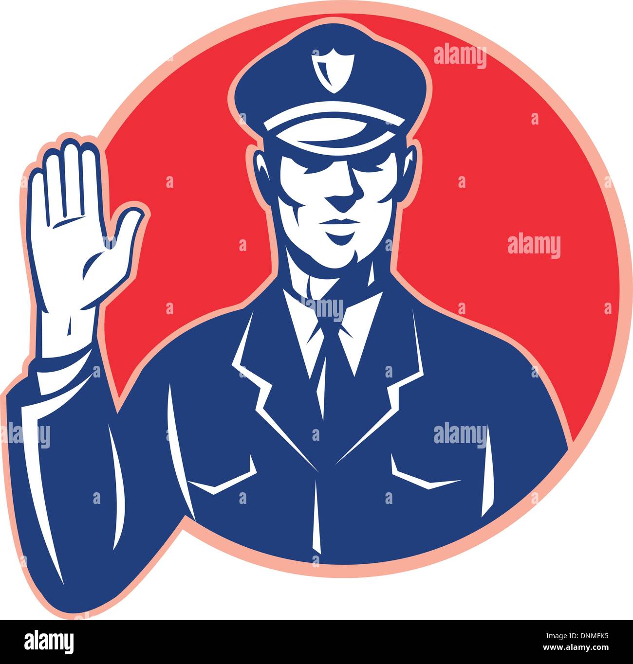 Illustration of a police officer policeman with hand signal stop set inside circle done in retro style. Stock Vector