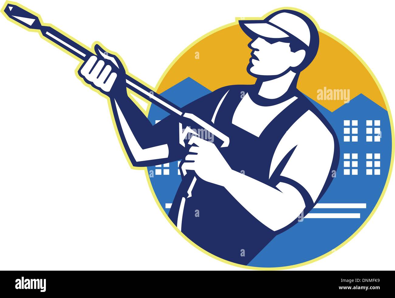 Illustration of a worker with water blaster pressure power washing