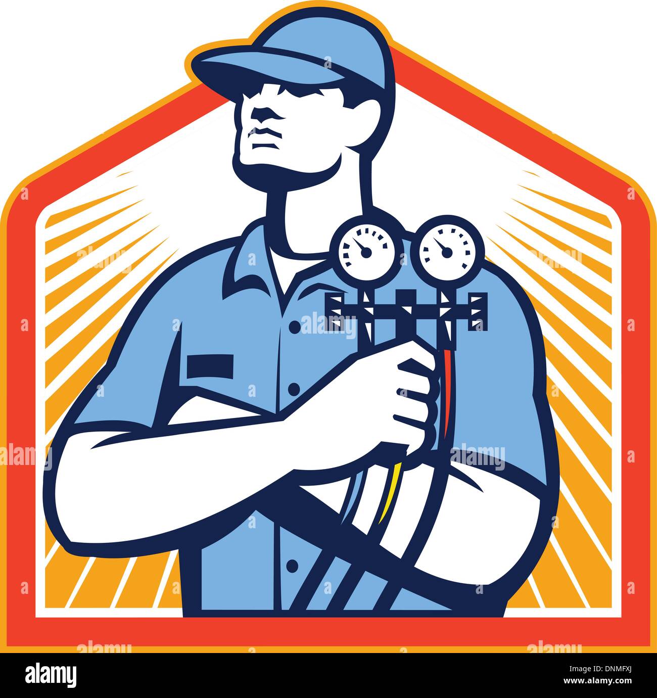 Illustration of a refrigeration and air conditioning mechanic holding a pressure temperature gauge front view set inside shield Stock Vector