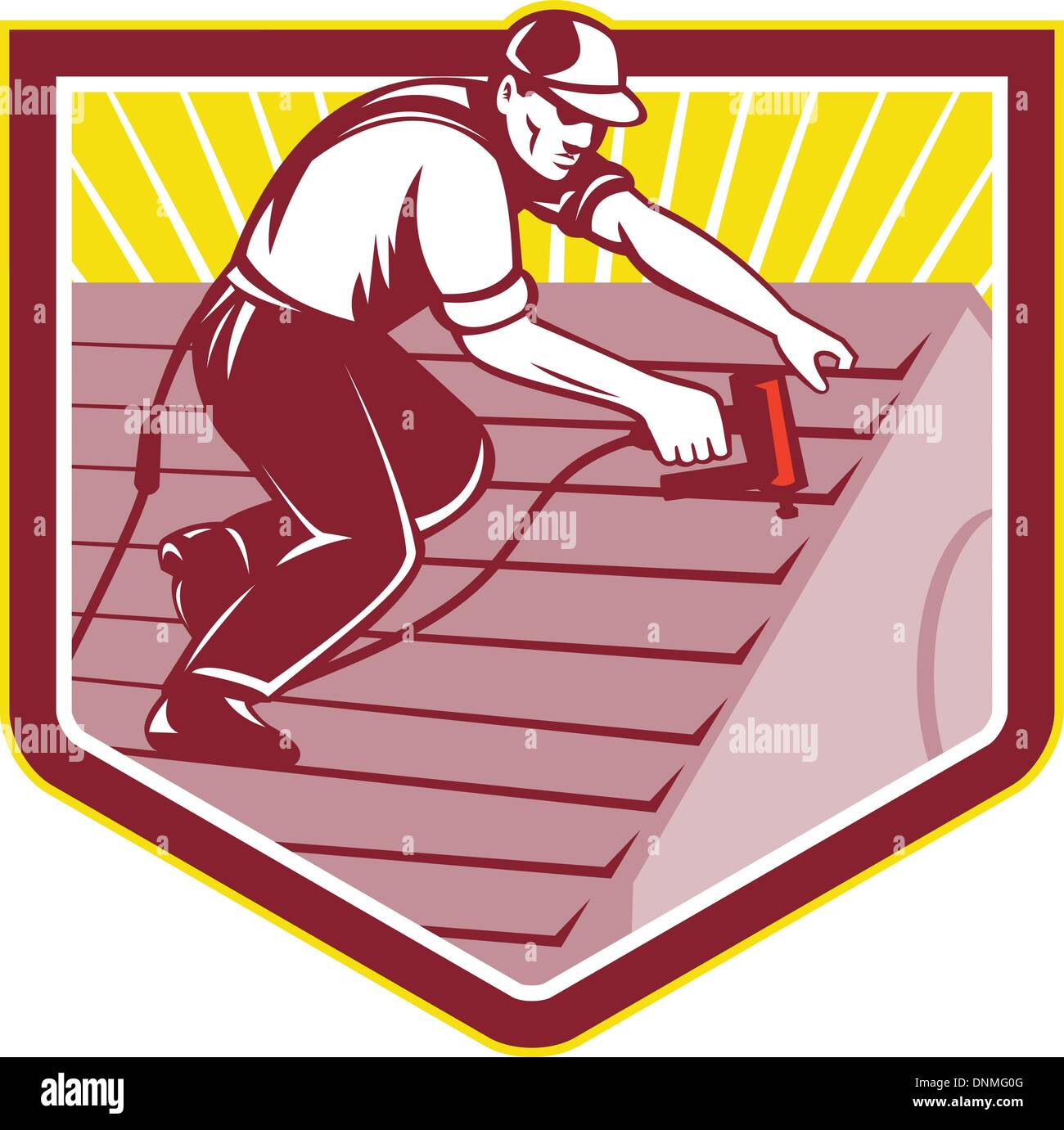 Illustration of a roofer construction worker roofing working on house roof with nail gun nailgun nailer done in retro style. Stock Vector