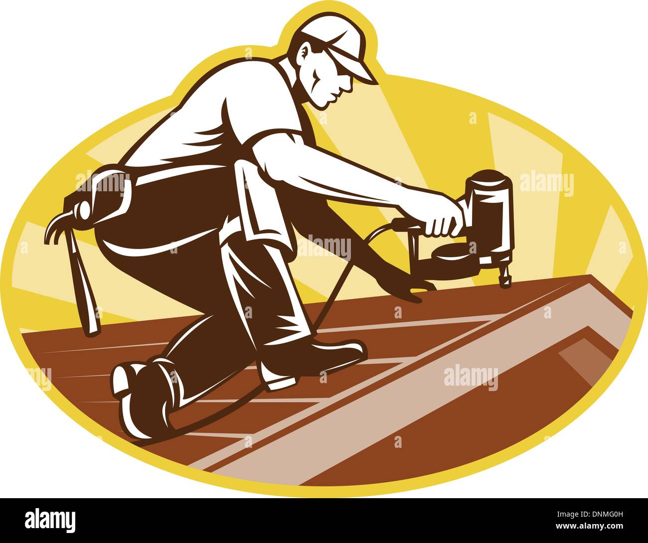 Illustration of a roofer roofing worker working on roof with nail gun
