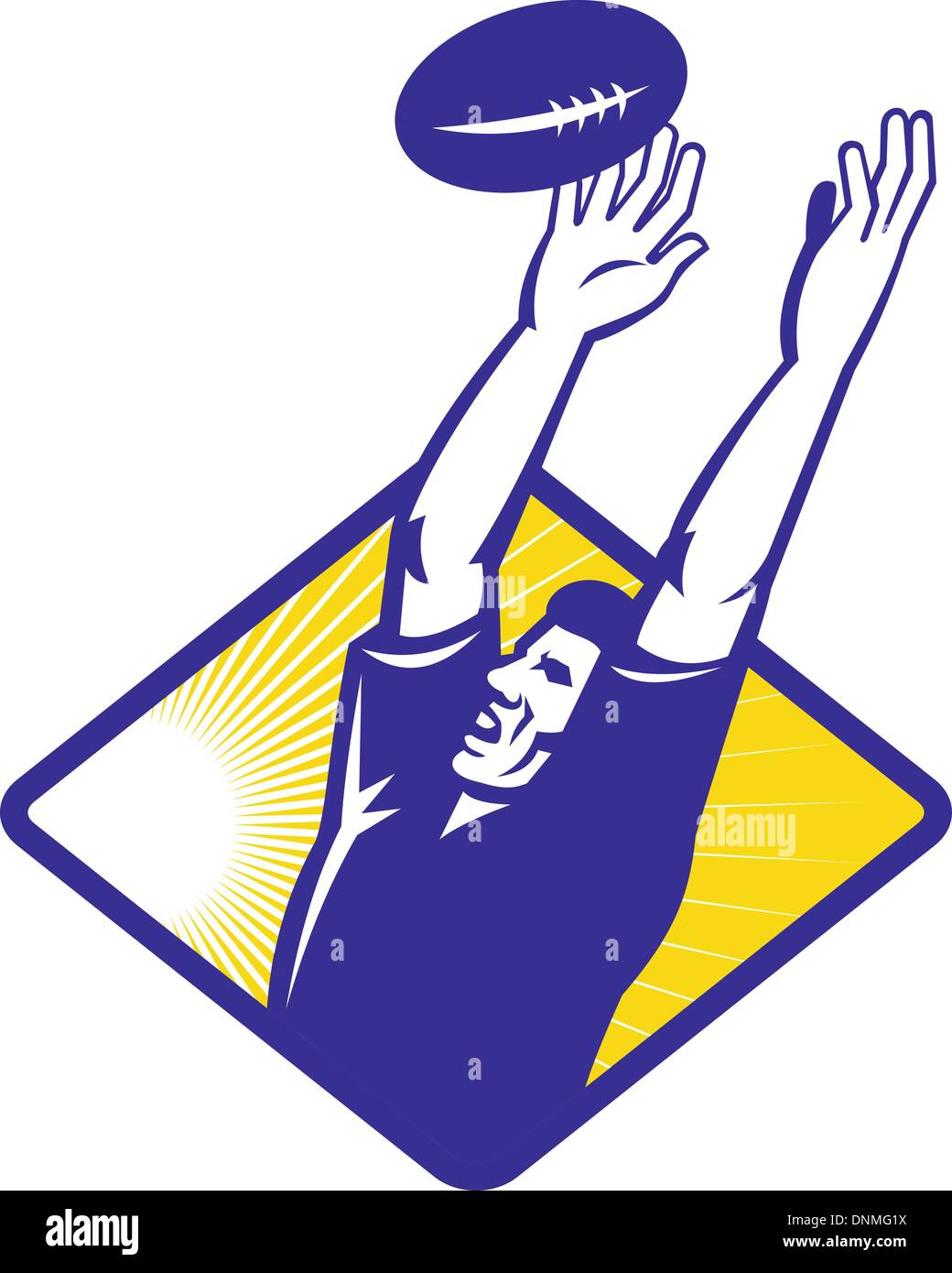 Illustration of a rugby player catching a line-out ball done in retro style set inside diamond. Stock Vector