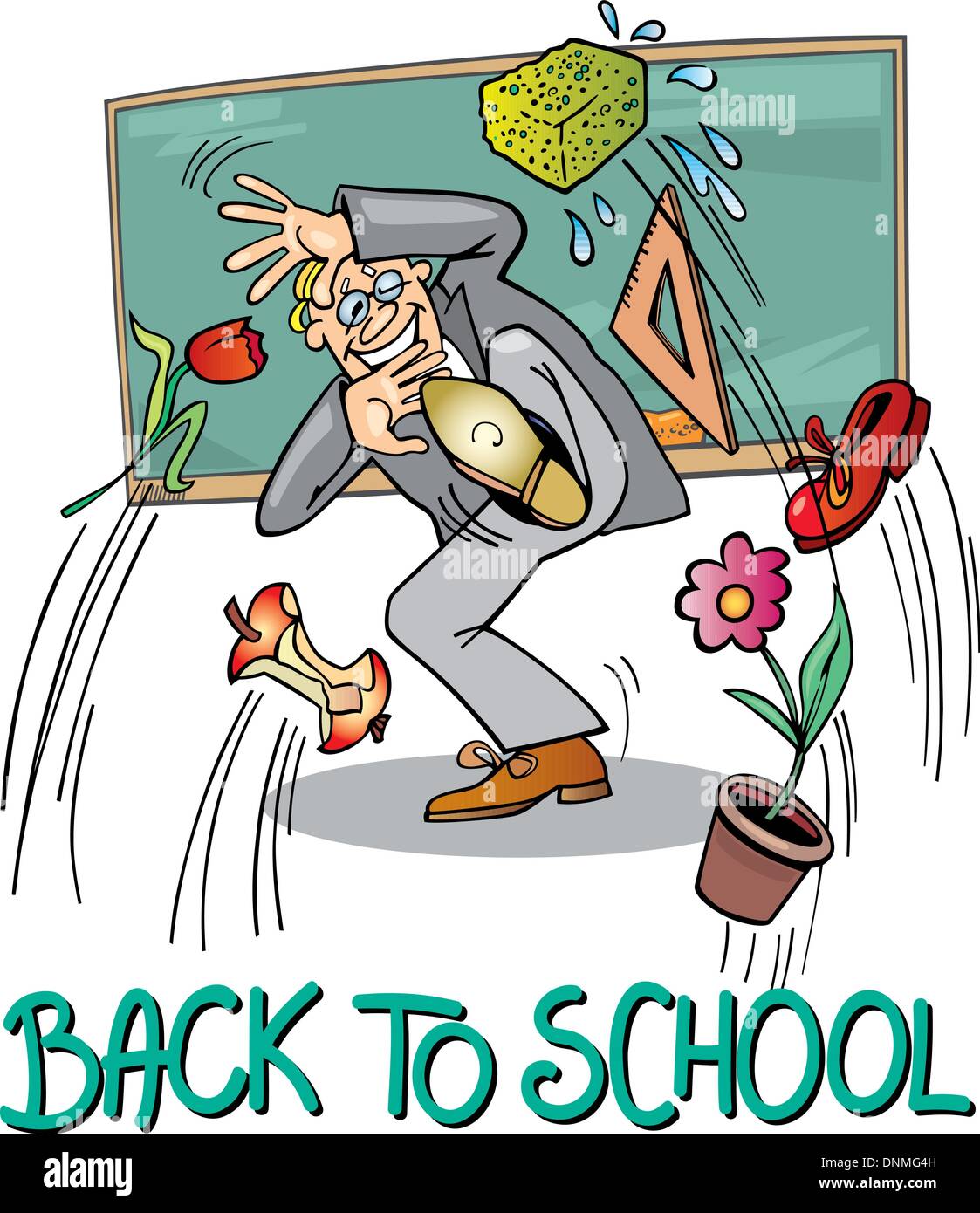 Back to School: Cartoon Humorous Illustration of School Teacher at Blackboard Stock Vector