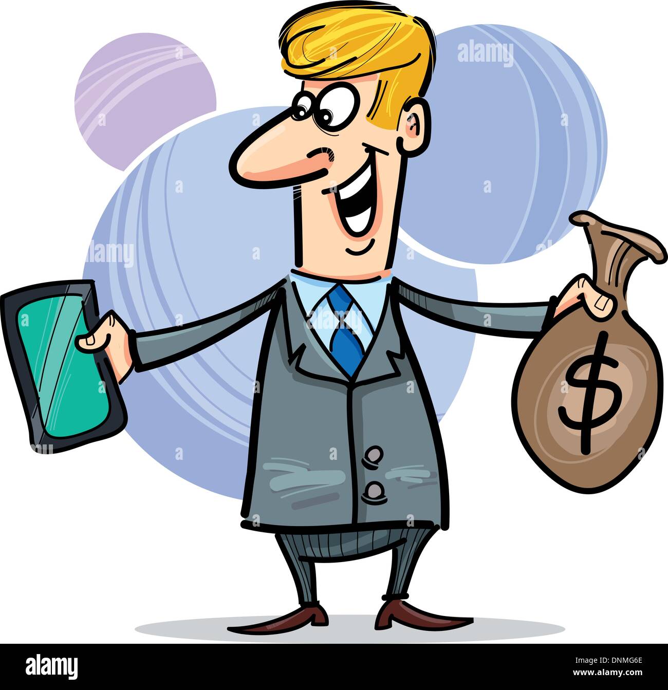 cartoon humorous illustration of businessman with tablet and sack of ...