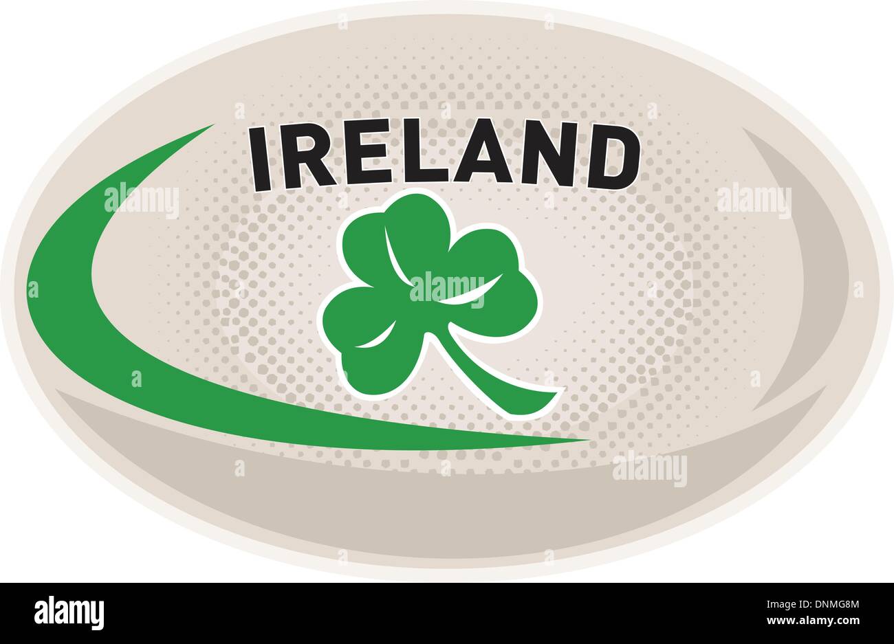 illustration of a rugby ball with Irish shamrock clover leaf and words Ireland on isolated white background Stock Vector