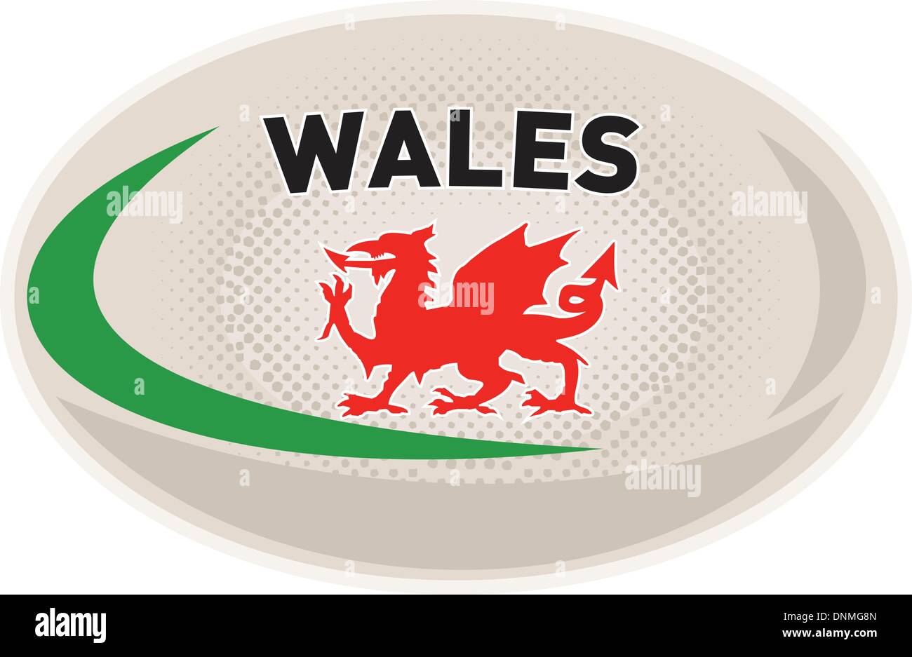 illustration of a rugby ball with Welsh dragon and words Wales on isolated white background Stock Vector