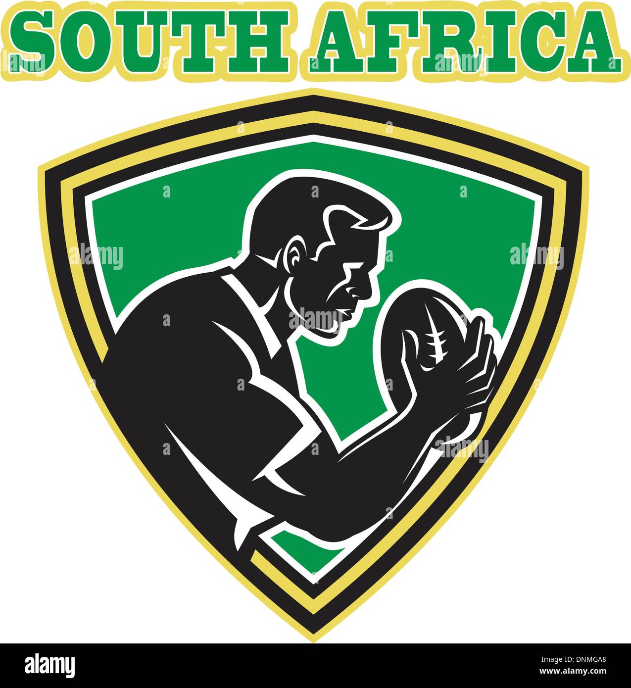 illustration of a rugby player with ball set inside shield done in