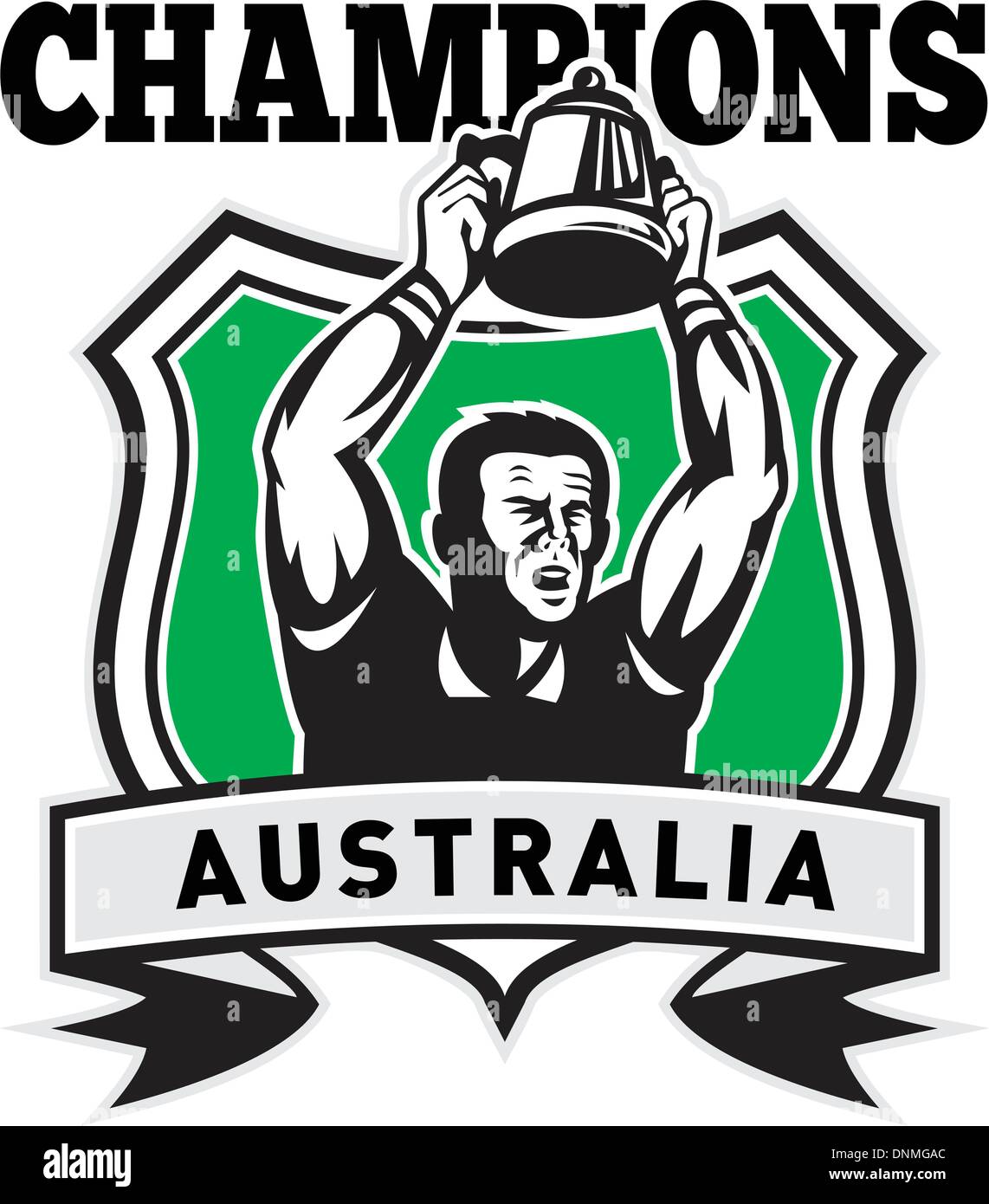 illustration of a rugby player raising Championship cup set inside