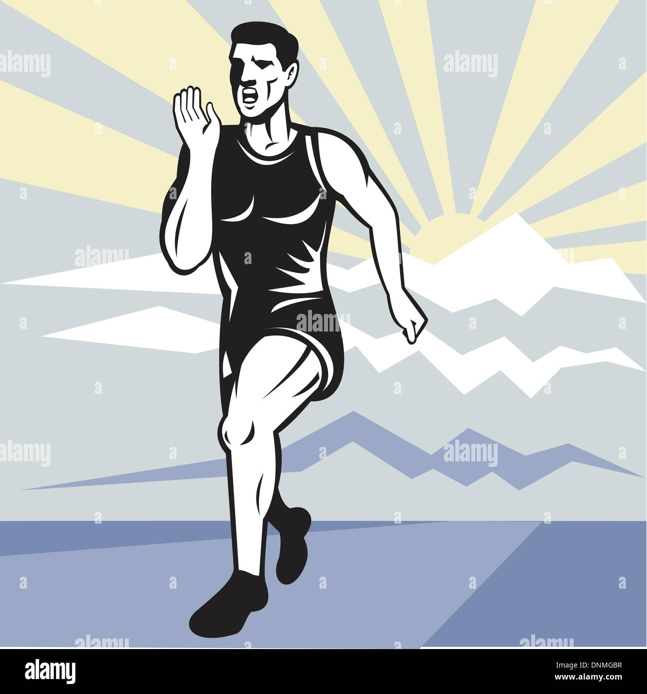 Illustration Of A Marathon Road Runner Jogger Fitness Training Viewed From Front Set Inside Square With Mountain And Sunburst In Background Done In Retro Style Stock Vector Image Art Alamy