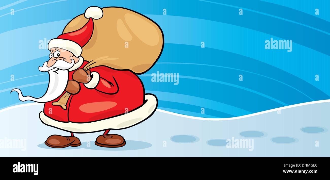 cartoon Illustration of funny santa claus with sack of gifts greeting ...