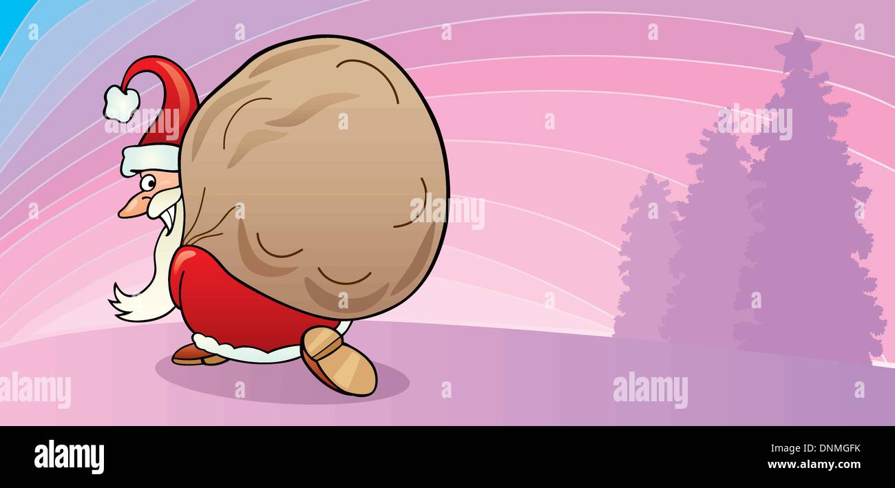 cartoon Illustration of funny santa claus with sack of gifts greeting ...