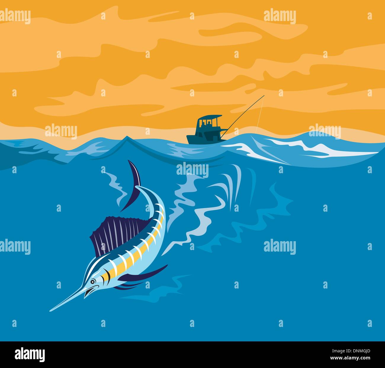 Illustration of a sailfish fish jumping with fishing boat in background done in retro style. Stock Vector
