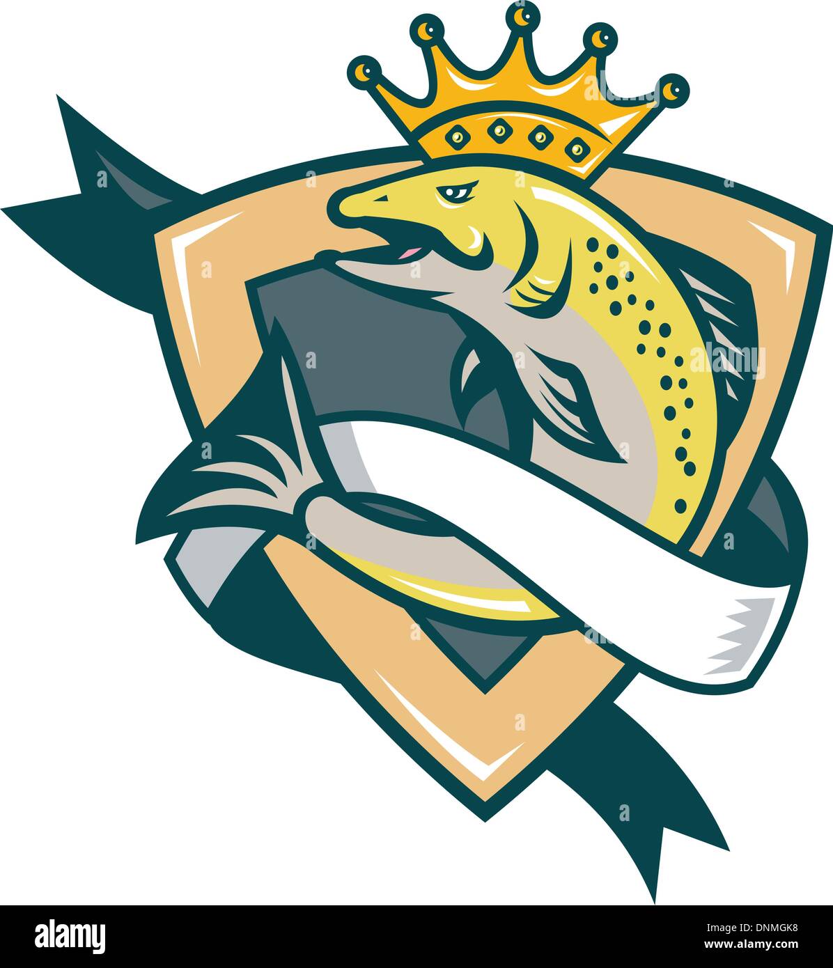 Illustration of a king salmon fish with crown jumping with shield and scroll in background done in retro style. Stock Vector