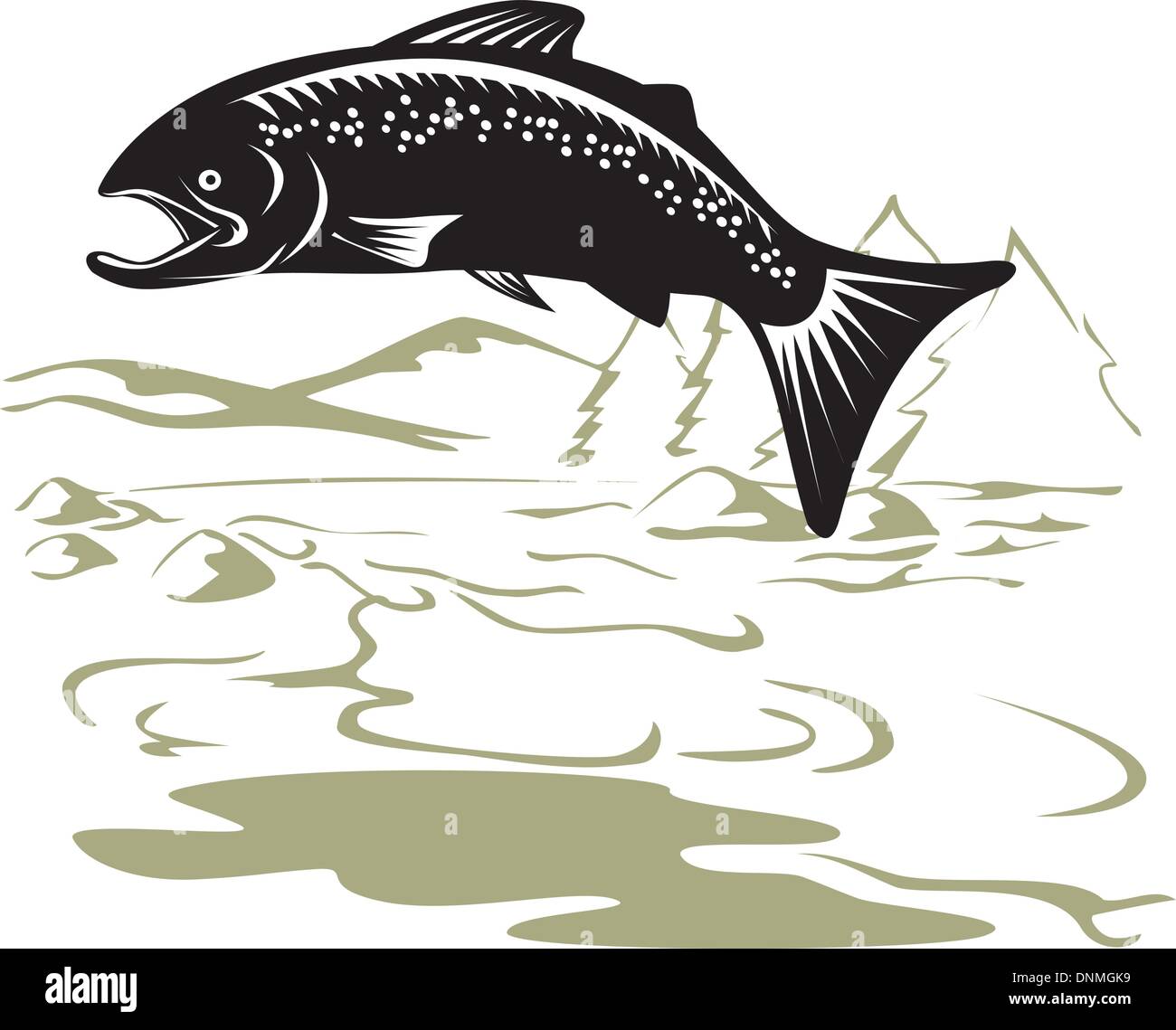 Illustration of a salmon fish jumping with mountains in the background done in retro style. Stock Vector