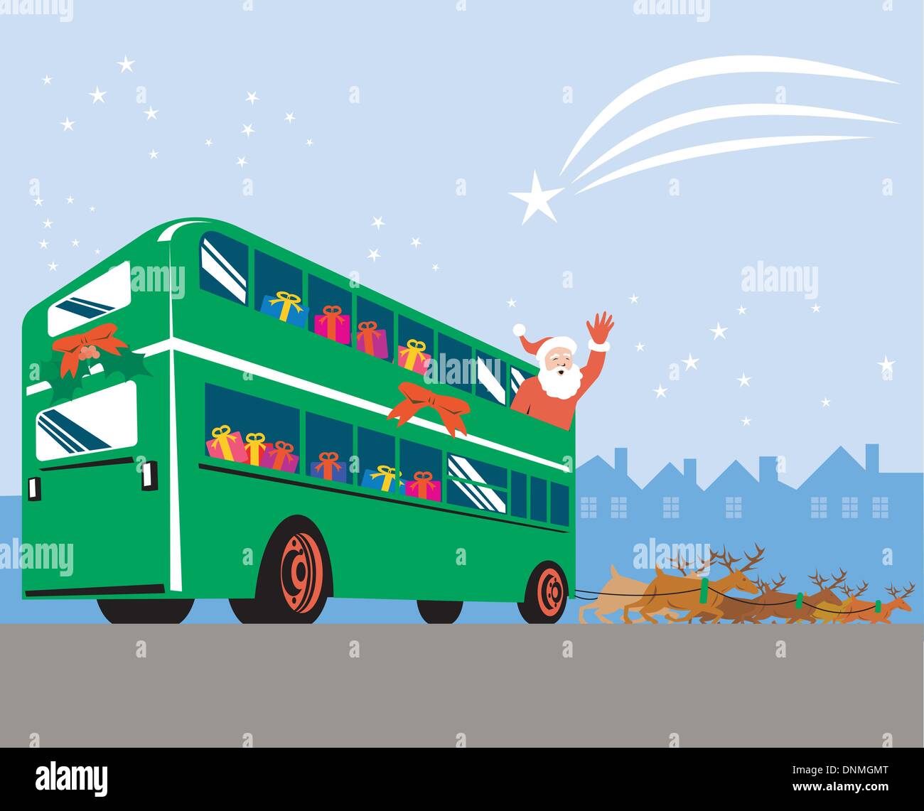 illustration of Father Christmas Santa Claus waving riding double decker bus  with reindeers pulling done in retro style Stock Vector
