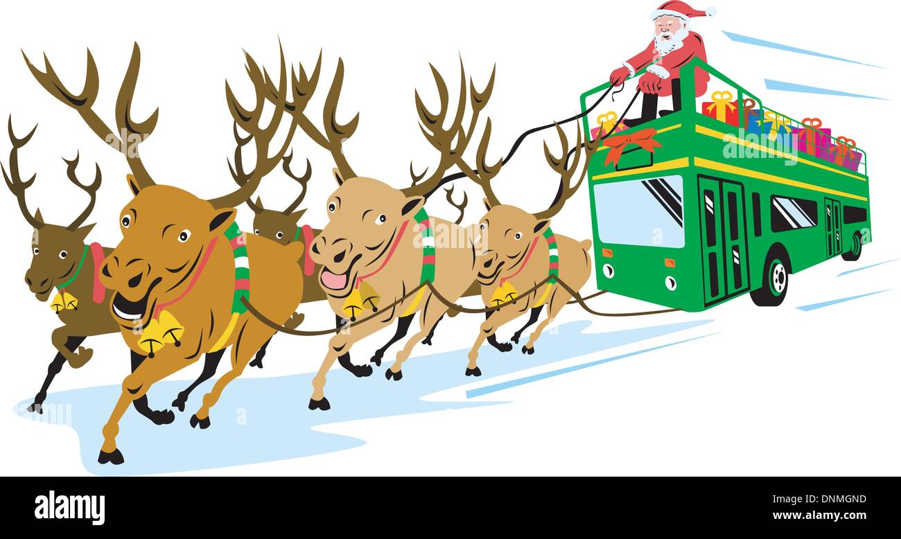 Retro style illustration of santa claus saint nicholas father christmas driving bus with reindeers on isolated white background. Stock Vector