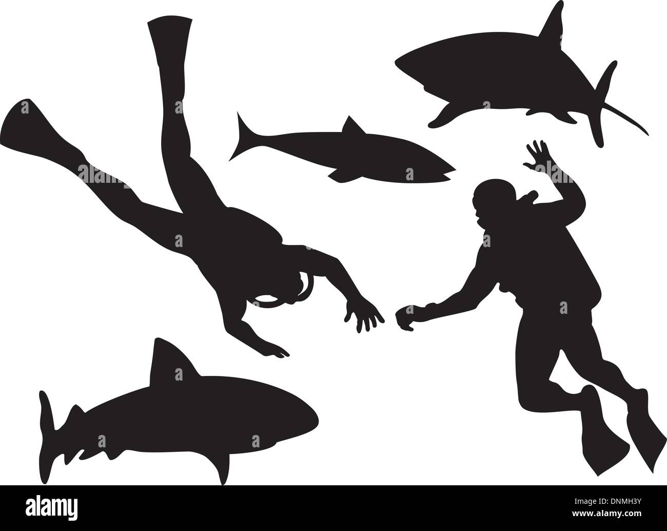 Illustration Of A Scuba Divers And Sharks Silhouette Swimming Isolated 