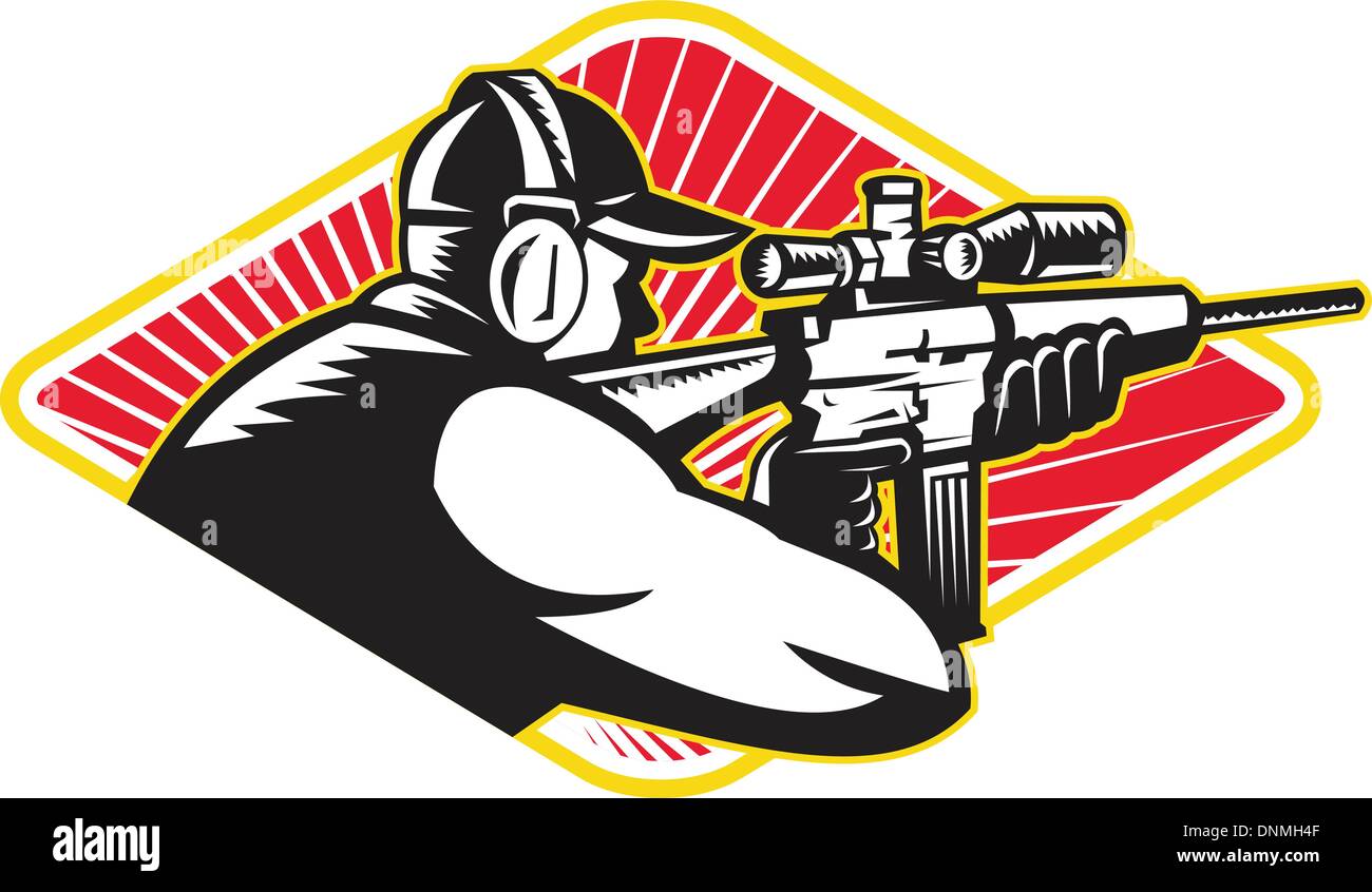 Illustration Of A Shooter Hunter Aiming Target Rifle Gun Done In