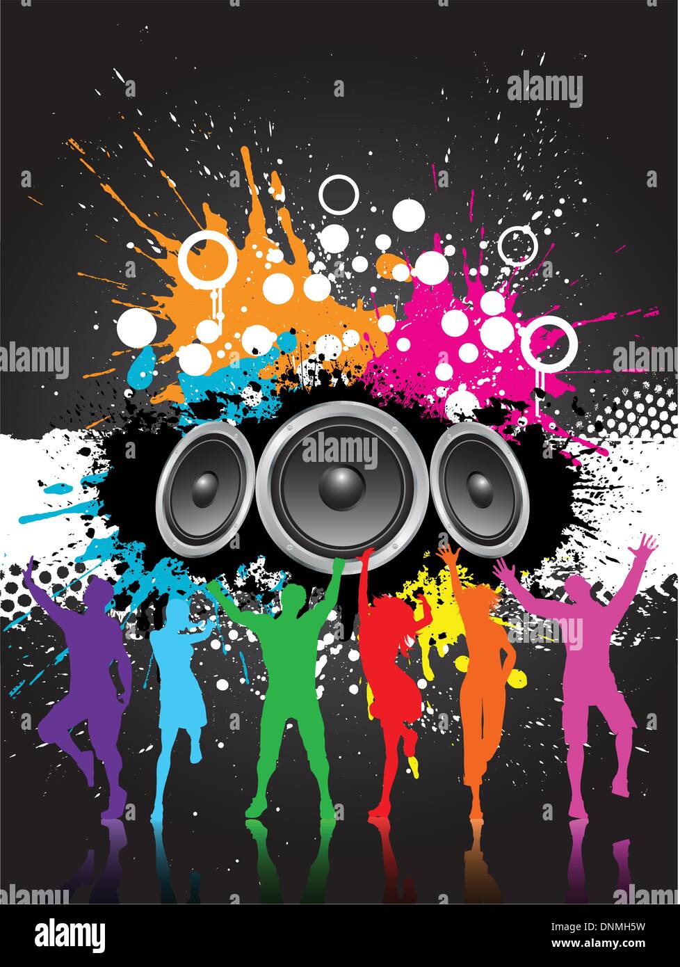 Grunge style music background with speakers and colourful