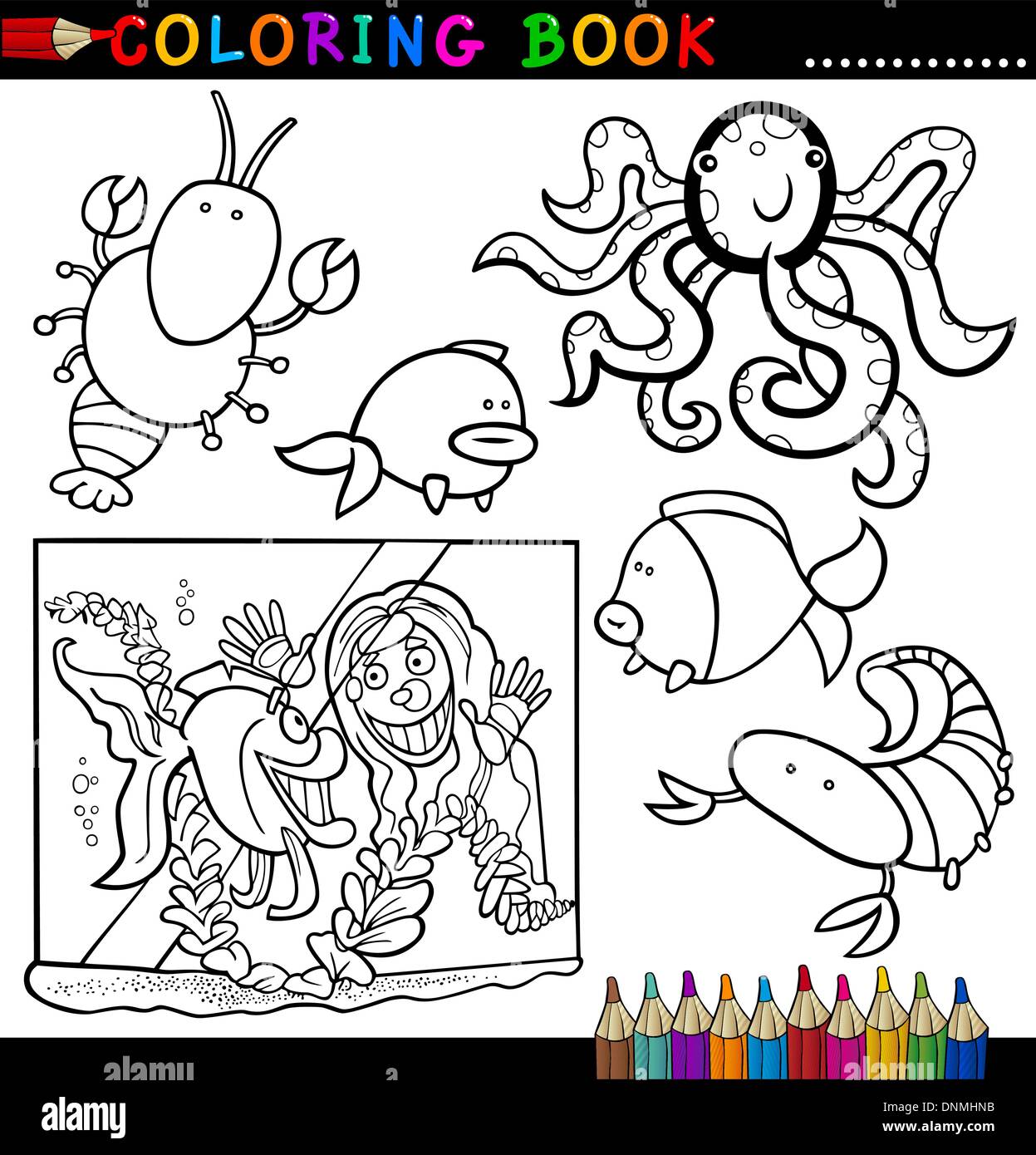 Coloring Book or Page Cartoon Illustration of Funny Marine Animals and ...