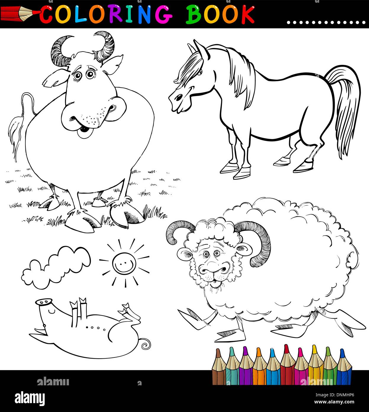 Coloring Book or Page Cartoon Illustration of Funny Farm and Livestock