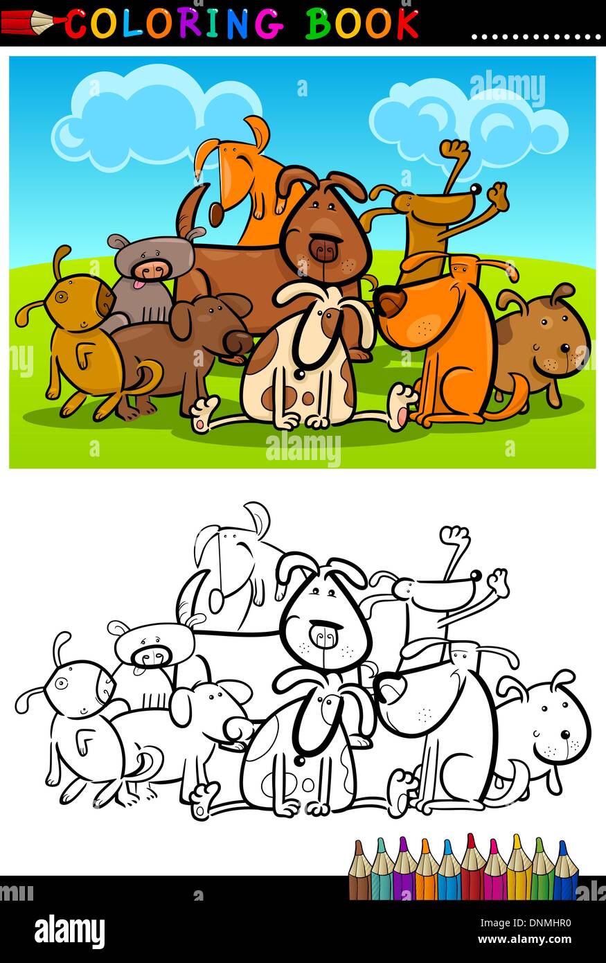 Coloring Book or Page Cartoon Illustration of Funny Dogs Group against ...