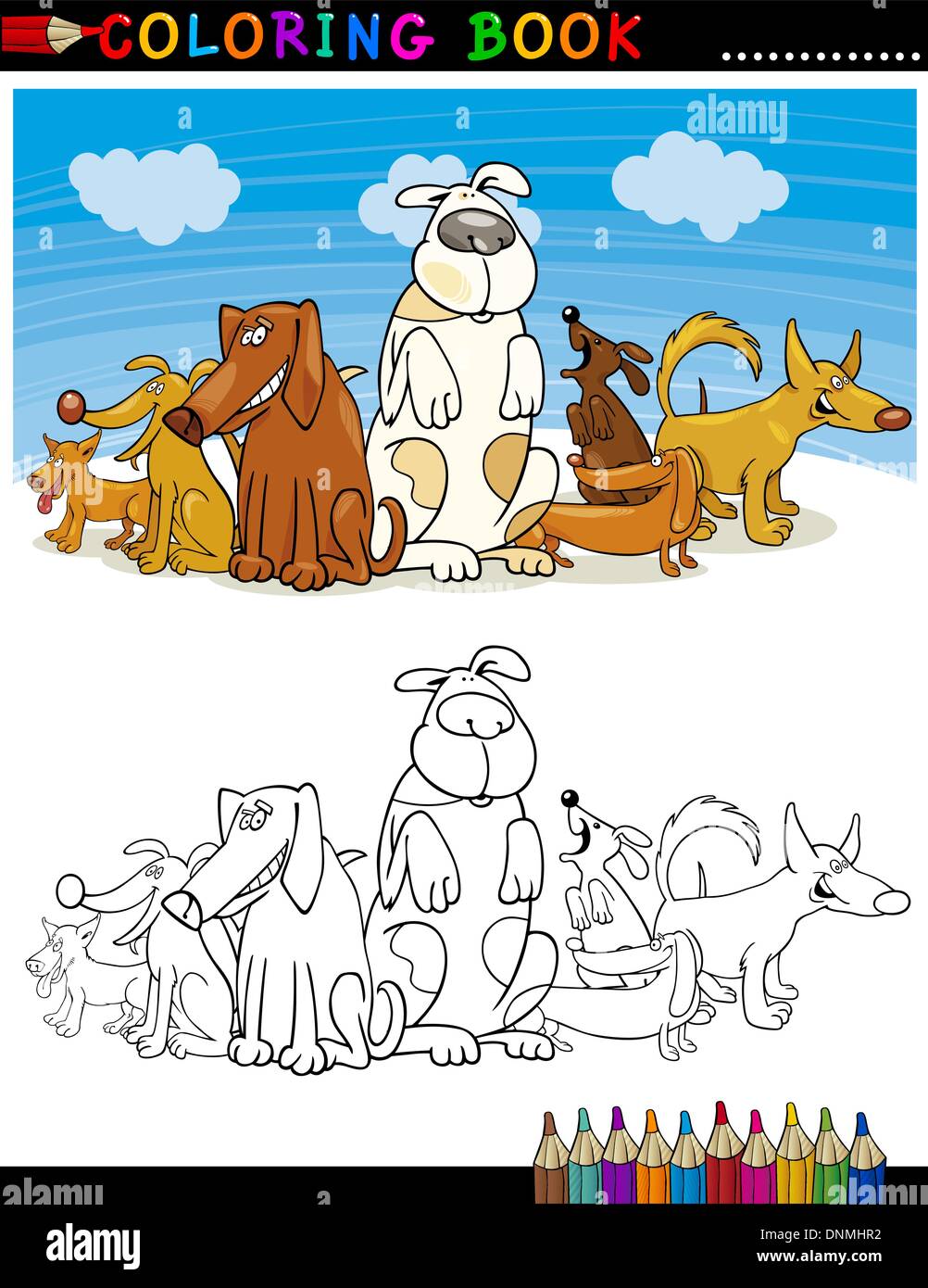 Coloring Book or Page Cartoon Illustration of Funny Dogs Group against ...