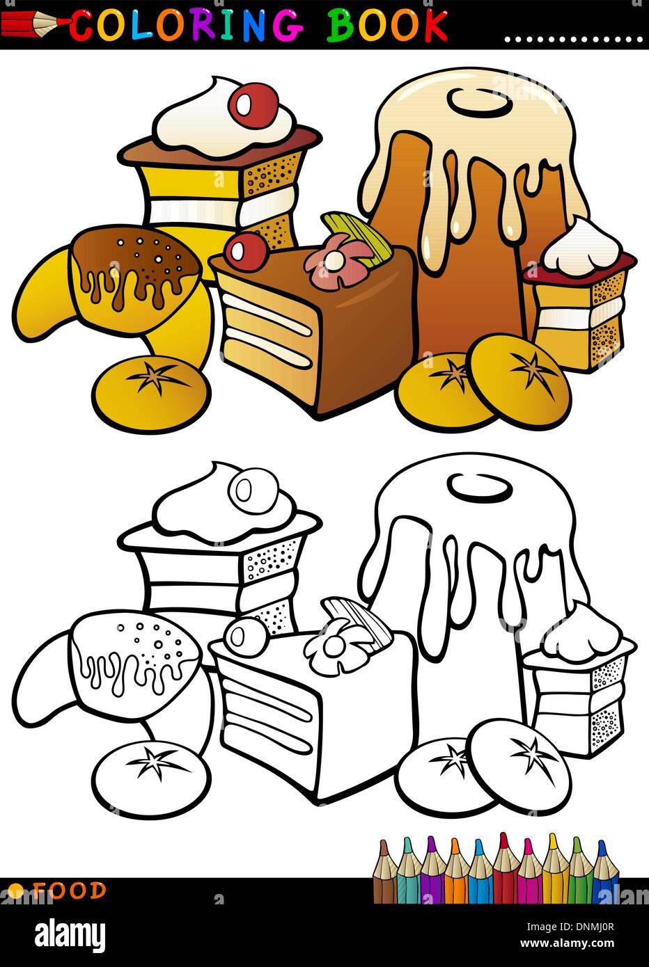 Coloring Book or Page Cartoon Illustration of Sweet Food like Cakes and