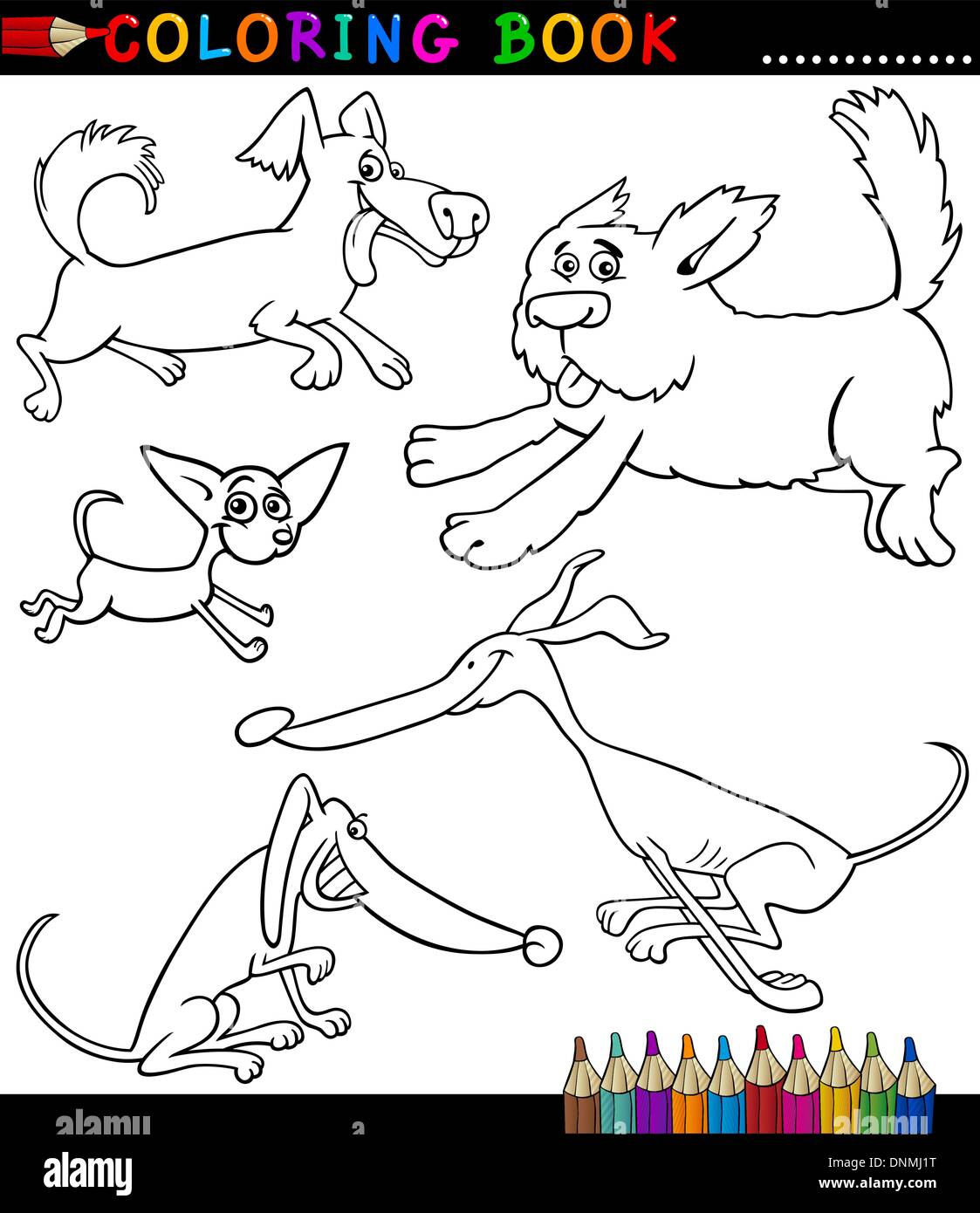 Coloring Book or Coloring Page Black and White Cartoon Illustration of Funny Playful Dogs or Puppies Stock Vector