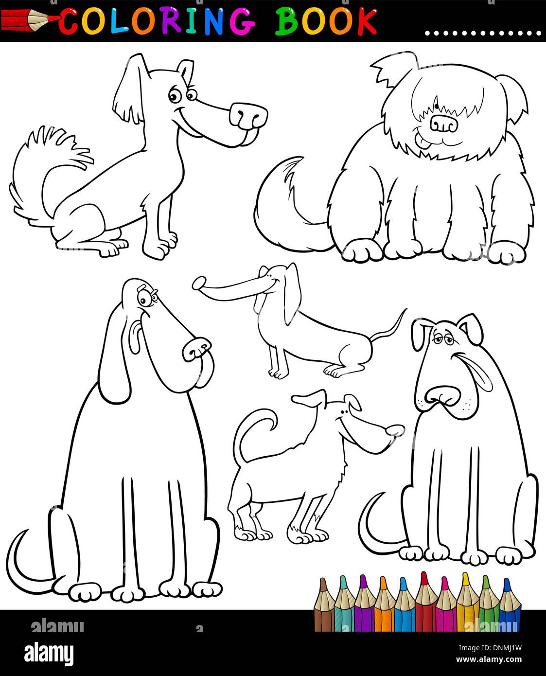 Coloring Book or Coloring Page Black and White Cartoon Illustration of Funny Purebred or Mongrel Dogs and Puppies Stock Vector