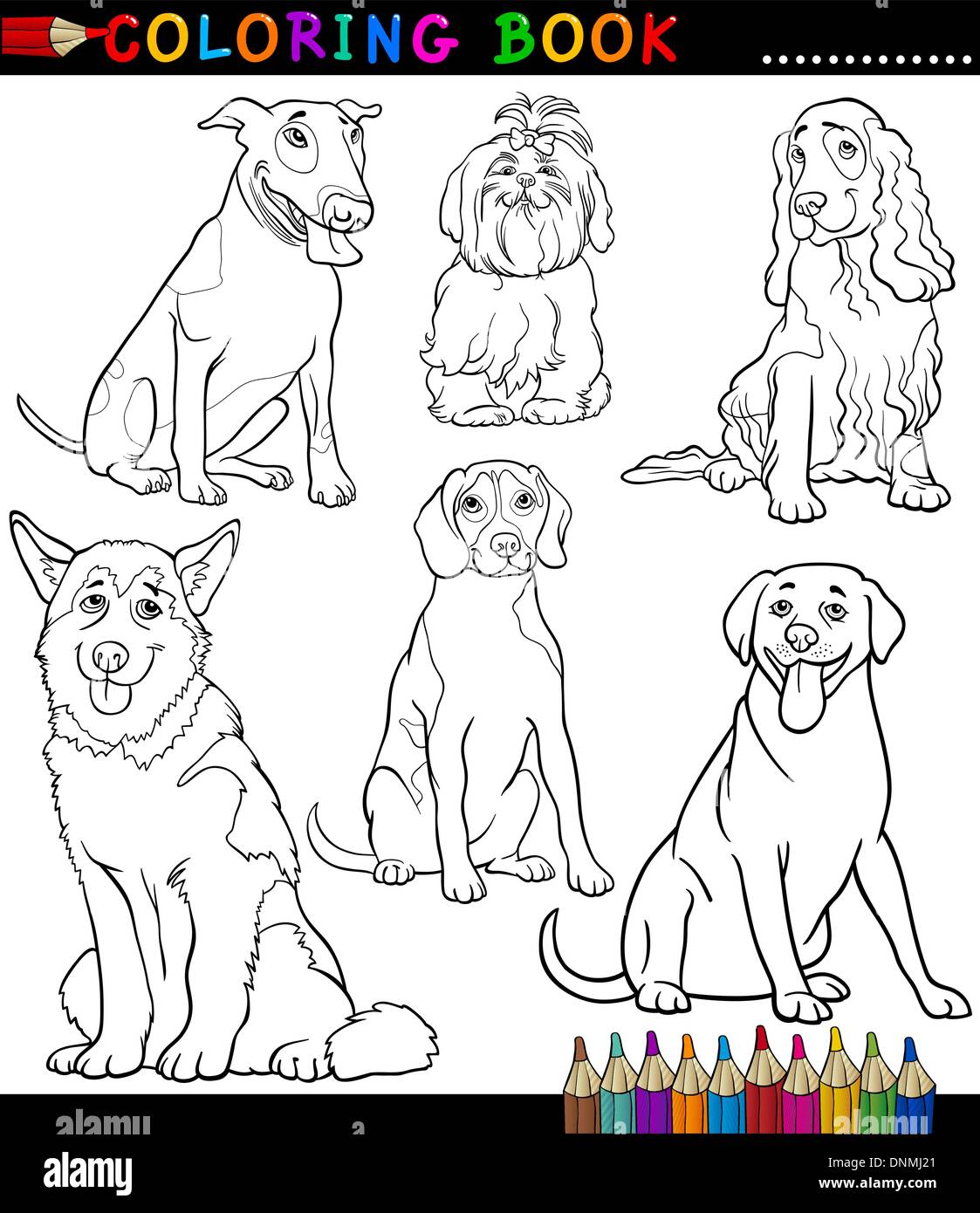 Coloring Book or Coloring Page Black and White Cartoon Illustration of Funny Purebred Dogs or Puppies Stock Vector